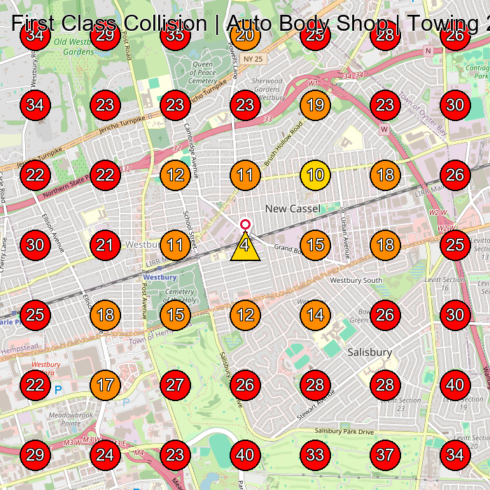 First Class Collision | Auto Body Shop | Towing 24/7 | Westbury NY GeoGrid visibility map for Auto Body Shop in Baldwin